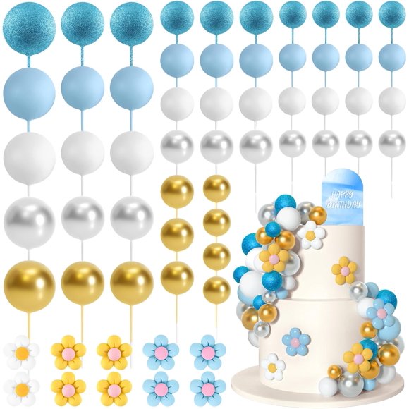 61 Pcs Boho Cake Topper Balls Decorations Mini Balloon Cake Topper Retro Hippie Daisy Flower Acrylic Cake Topper for Birthday Party Wedding Rainbow Baby Shower (Blue Silver)