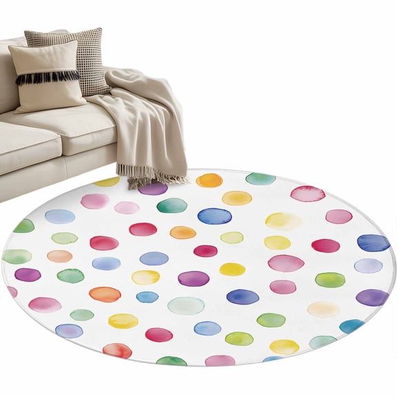 Colorful Polka Dot 3ft Area Rug, Rainbow Polka Dot Watercolor Washable Non-Slip Small Round Rugs for Entryway Bedroom Kitchen, Soft Circle Carpet for Dining Room, Playroom Nursery Rug