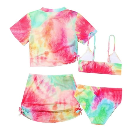 WOYY Big Girls Swimsuit Tie Dye Rash Guard Boyshorts Bikini Set Bathing Suit 4-Piece