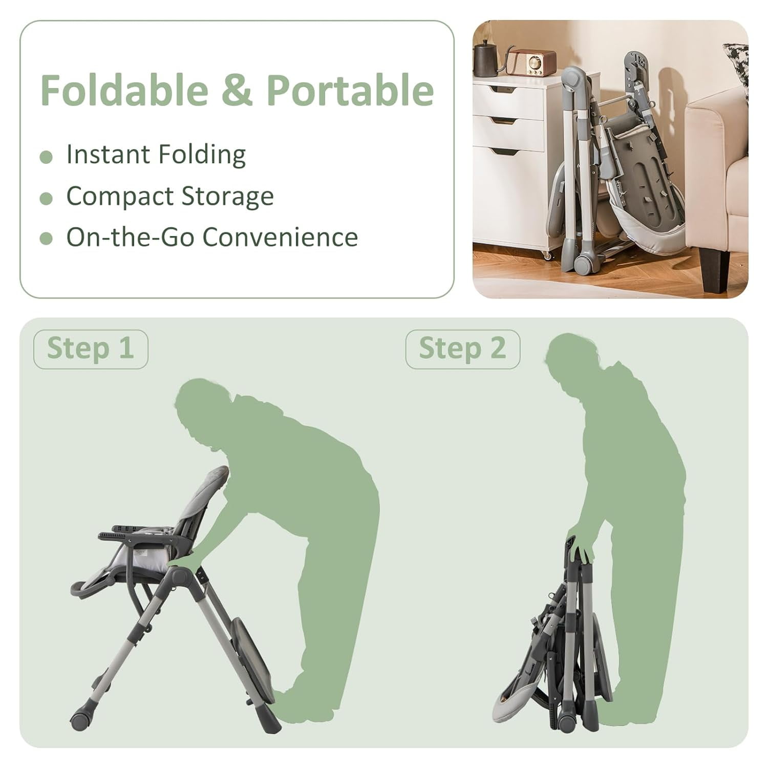 INFANS Baby High Chair, Convertible Quick Folding Portable Highchair for Babies and Toddlers with Adjustable Height Backrest Footrest 2 Wheels Removable Tray, Easy to Clean PU Seat