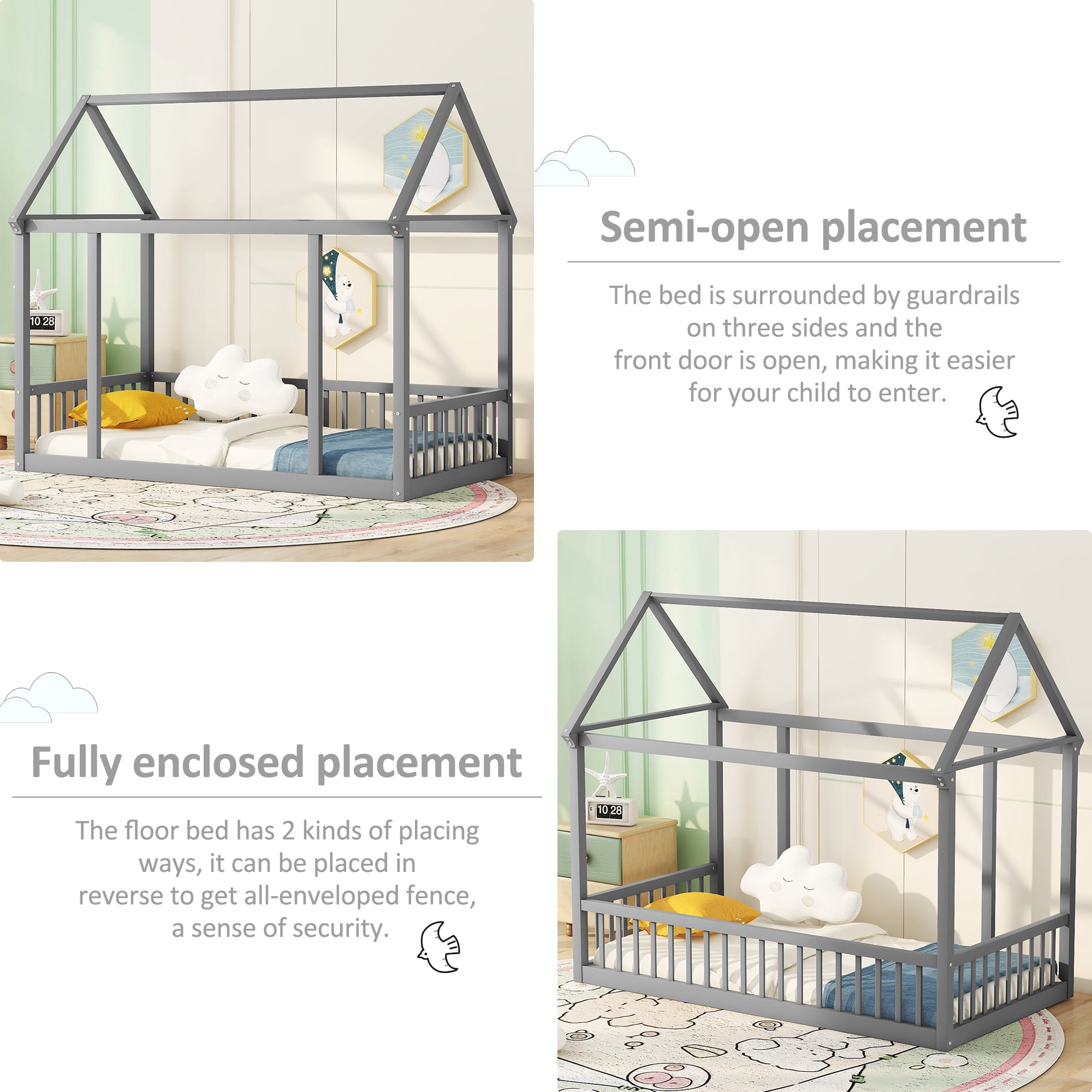Bellemave Twin Size Wood House-Shaped Floor Bed with Fence, Guardrails, Montessori Floor Bed House Bed Frame with Roof (Twin, Gray)
