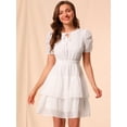 thumbnail image 2 of INSPIRE CHIC Women's Tie Neck Ruched Sleeve Elastic Waist A-Line Double Layers Ruffle Hem Short Dress, 2 of 6