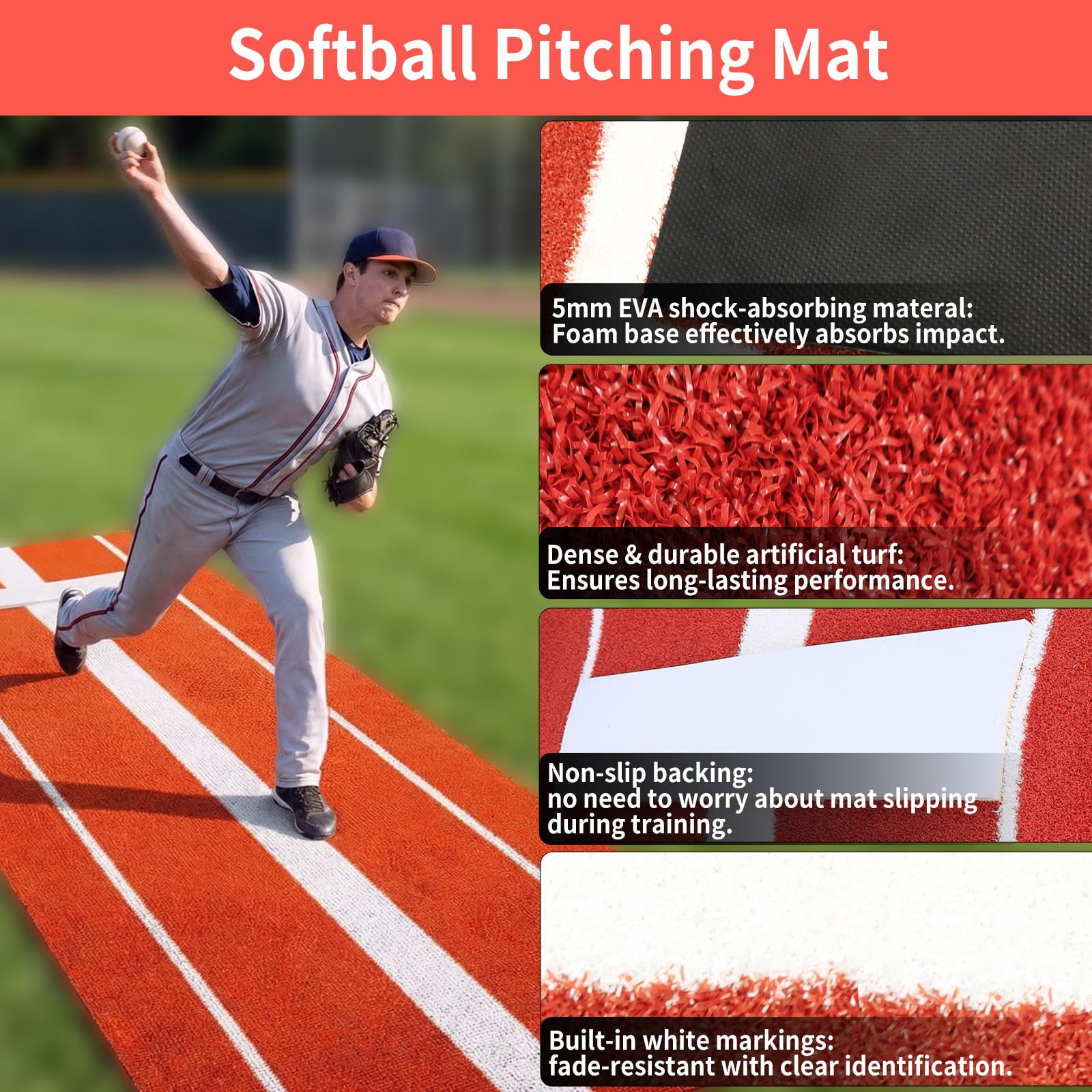 10x3ft Softball Pitching Mat, Thickened Upgraded Version Baseball Hitting Mat, Portable Fastpitch Training Aid, Indoor Outdoor Pitching Training Aid with Soft Rubber for Recreational Practice
