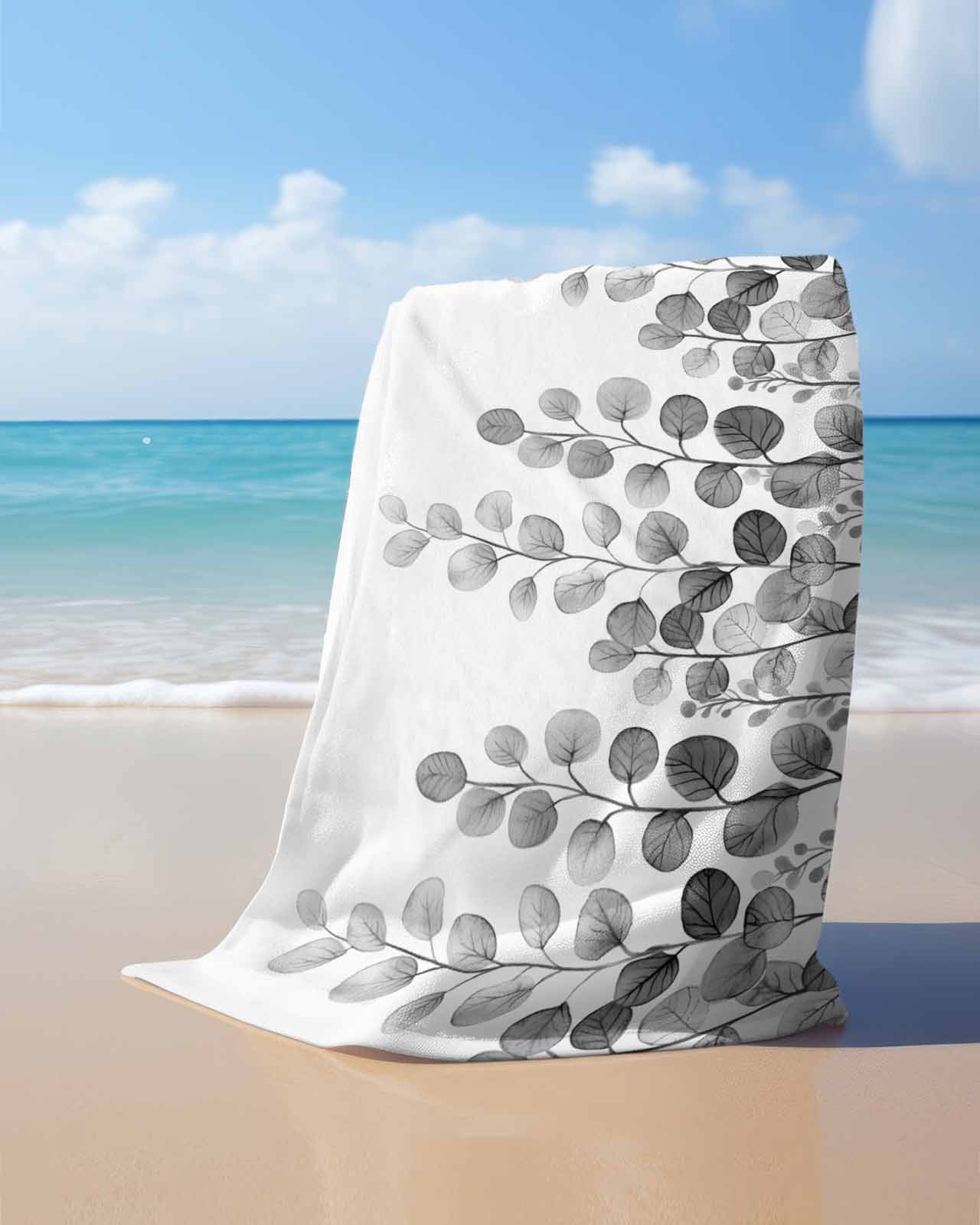 Gray Eucalyptus Leaves Beach Towels Oversized Super Absorbent, Watercolor Floral Leaf Plants Lightweight Bath Towel Quick Dry Sets For Bathroom/Pool/Rv Camping/Beach Play/Gym Room/Picnic 31"x62"