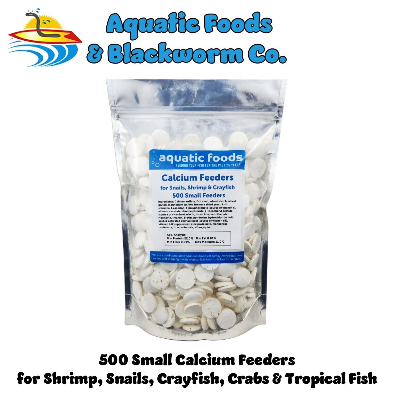 Calcium Enriched small Feeder Disks for Shrimp, Snails, Crabs, Crayfish, Hermit Crabs, Bottom Fish and All Tropical Fish - 500 Count Bag of Smalls