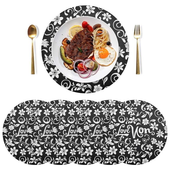 Flowers Full Love Black Round Placemats Plate Mats 15 Inch Non-Slip Heat Resistant Washable PVC Set Indoor for Kitchen Dining Table 1PC