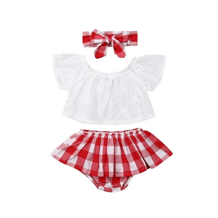 

Baby Girls Sets Off Shoulder Top + Plaid Print Triangle Shorts + Bow Hairband