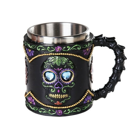 - Day of the Dead Celebration Black Sugar Skull Floral Design Collectible Mug Tankard 11oz