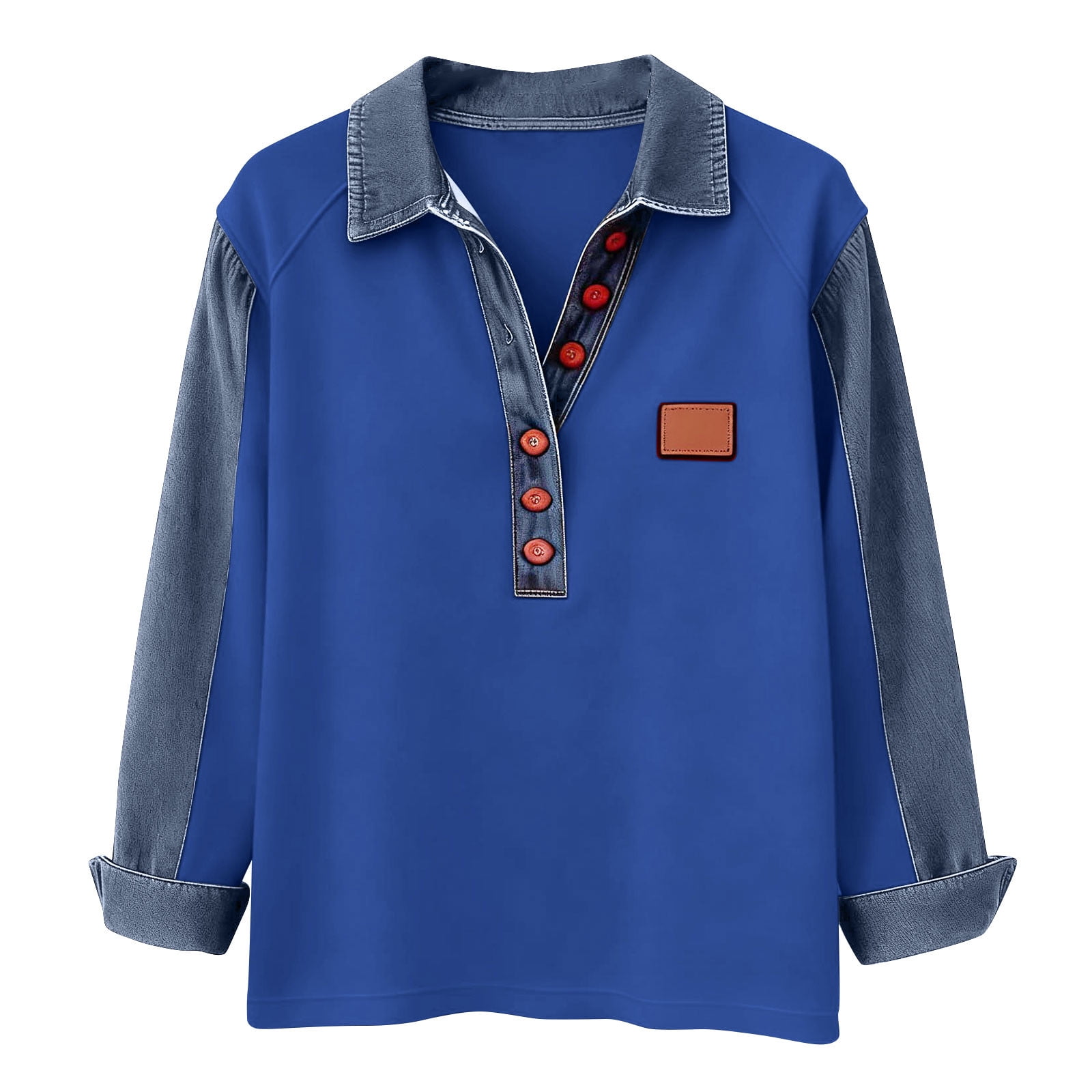 Denim Sweater for Women Collar Button up Patchwork Pullover Tops Vintage Knit Jean Casual Wear Blouses