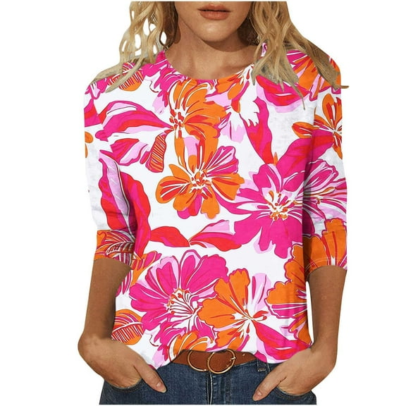 CYMMPU Floral Pattern 3/4 Sleeve Spring Tops Summer Fashion Shirts Crew Neck Loose Fit Tunic Tops Boho Blouses for Women Dressy Casual Lightweight Basic T-Shirts Multicolor XXXXL