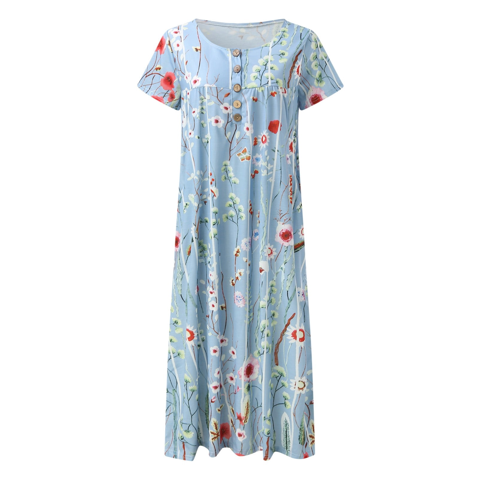 Jamsmile Womens Dress Summer Short Sleeve Long Casual Flowers Print Button Round Neck Dresses Loose Beach Boho Holiday Sundress