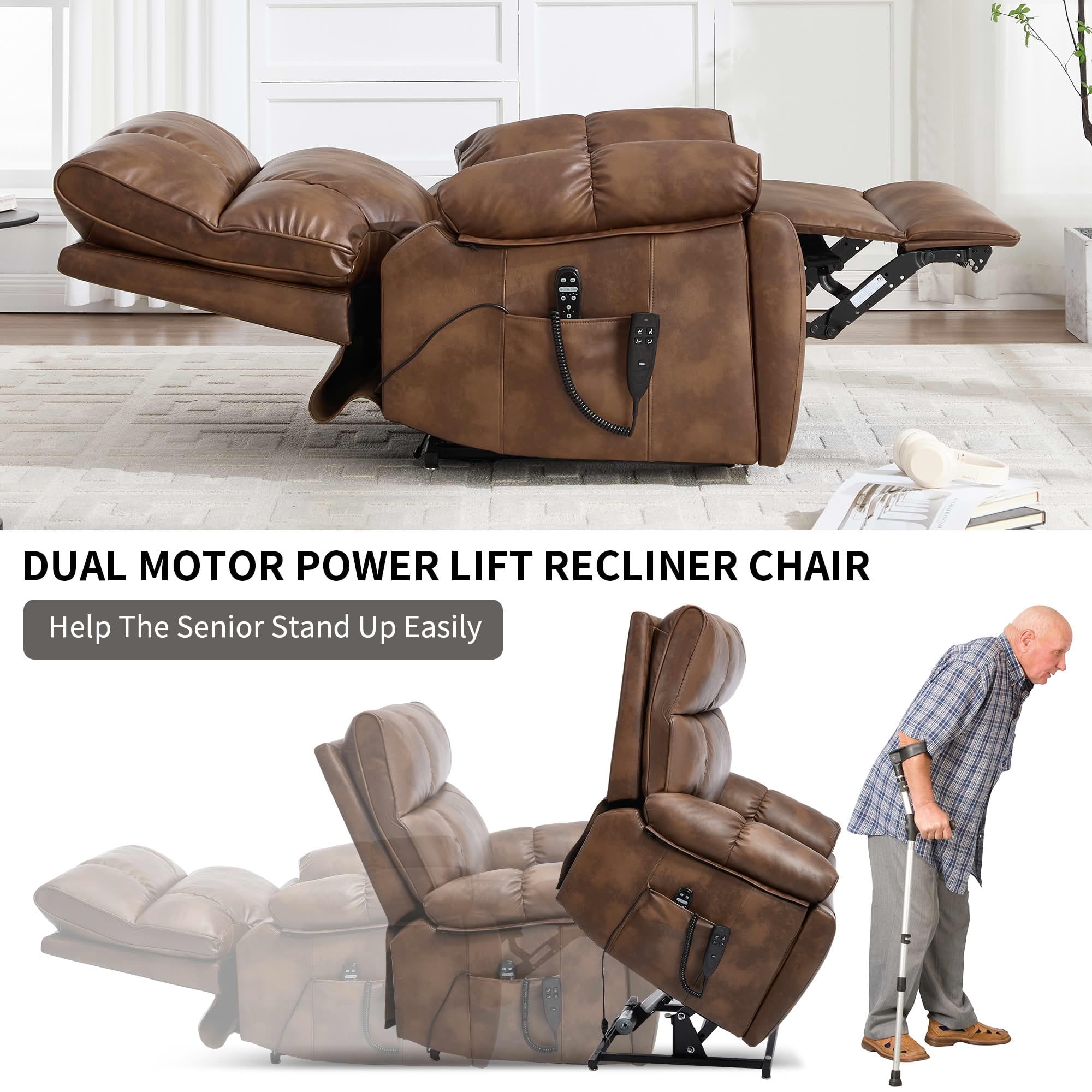 MAYEERTY Brown Dual Motor Power Lift Recliner, 350lbs Infinite Position Massage Heat Hidden Cup Holders for Elderly 41"x37"x42"