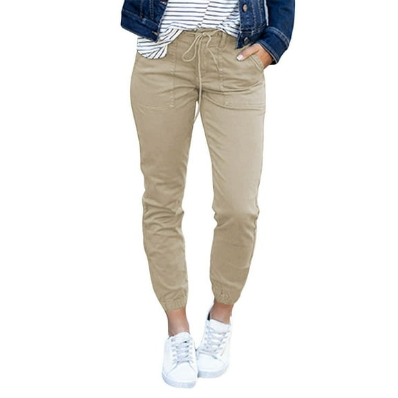 WULMLEO Womens Dressy Casual Slim Fit Tapered Cargo Pants Skinny High Waist Lightweight Pull On Pants with Pockets for Work Khaki S