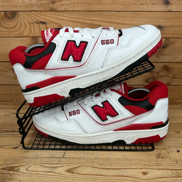 New Balance 550 Trainers Mens UK 9 White Team Red Leather Casual Preppy Shoes NB