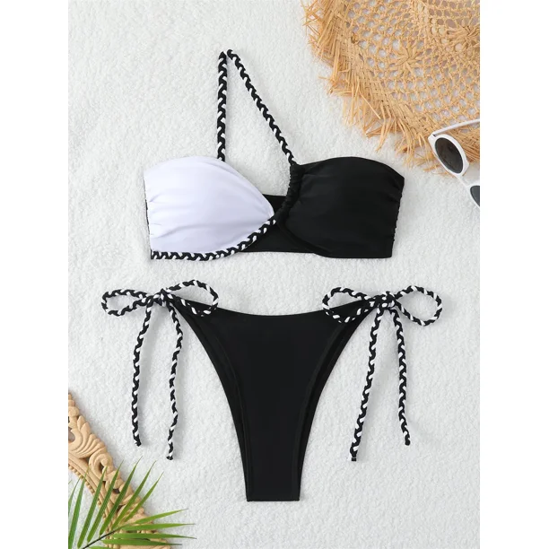 Bikini de un hombro para mujer, traje de baño pequeño con realce, Tanga, color blanco y negro, 2024