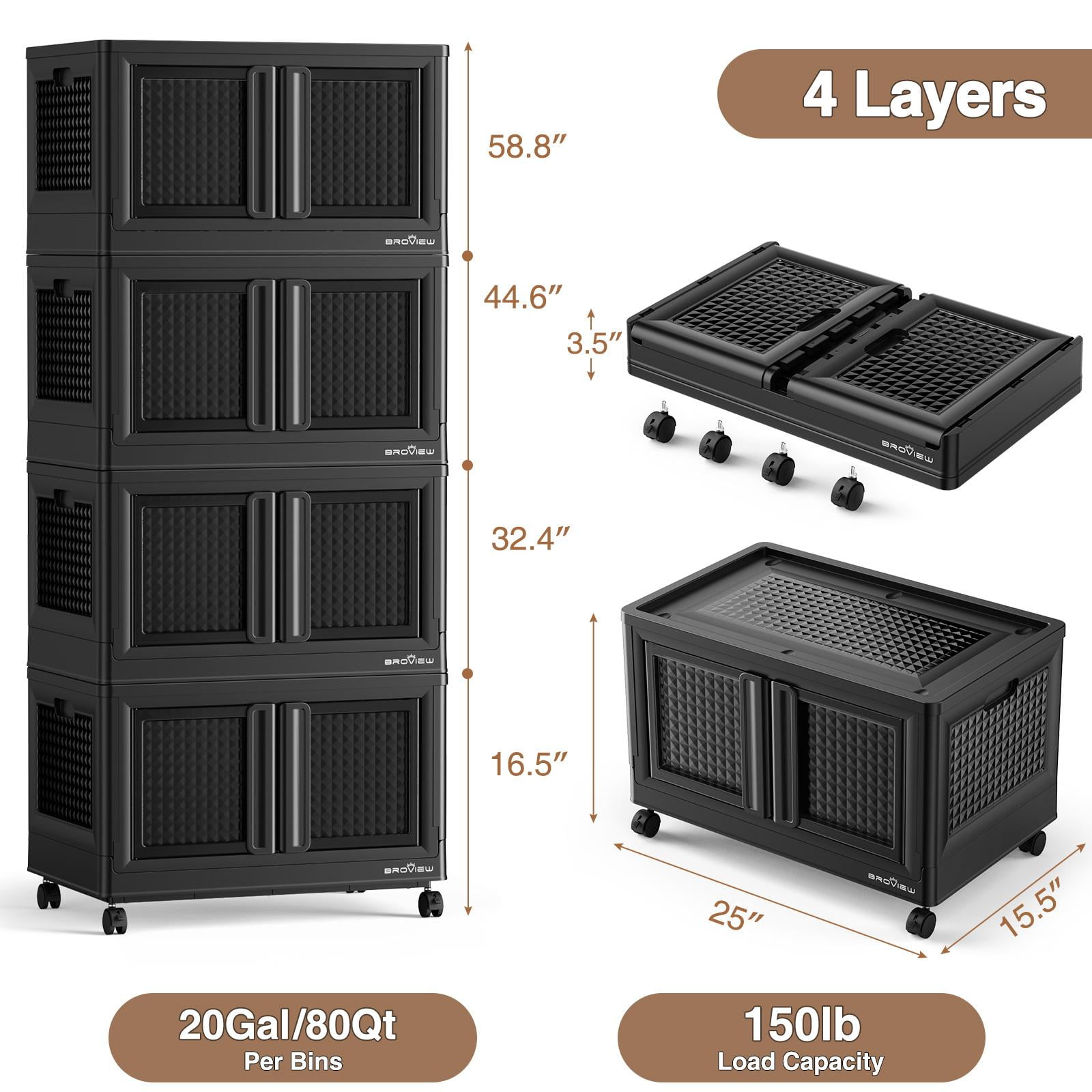 BROVIEW 320Qt Storage Bins with Lids, 80Gal Plastic Stackable Storage Bins with Doors, Wheels, Collapsible Closet Organizers and Storage, Foldable Box Cabinet for Home Office Garage, 4Pack Black