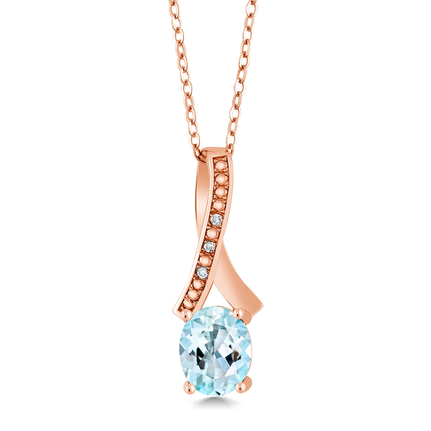 Gem Stone King 2.04 Ct Oval Sky Blue Topaz White Diamond 18K Rose Gold Plated Silver Pendant