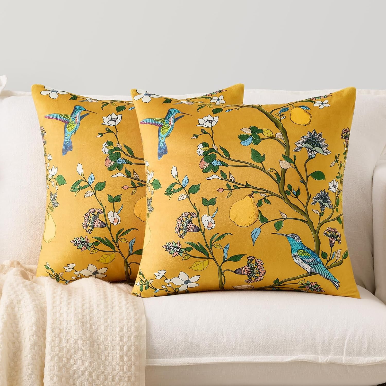 COOKCOK Yellow Floral Pillow Covers 18x18 Set of 2, Velvet Wild Flower Plant Throw Pillows Case, Square Farmhouse Decor Cushion Covers for Home Sofa Bed Couch