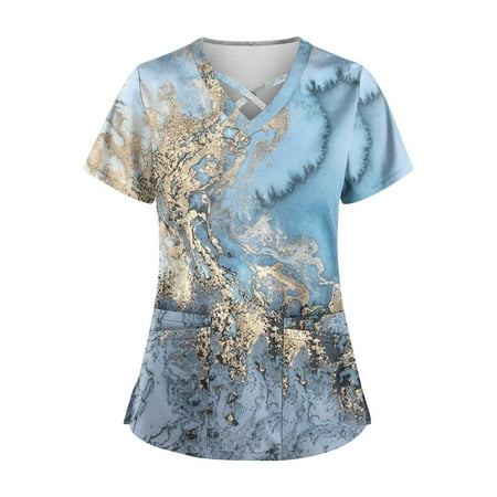 

HIMIWAY Summer Hot Shirts for Women Plus Size Cute Printed Scrub Working Uniform Tops For Women Cross V-Neck Short Sleeve Fun T-Shirts Workwear Tee With Pockets