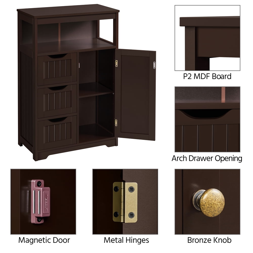 Yaheetech Wooden Floor Cabinet w/ Multi-Tiers & 3 Drawers, Espresso
