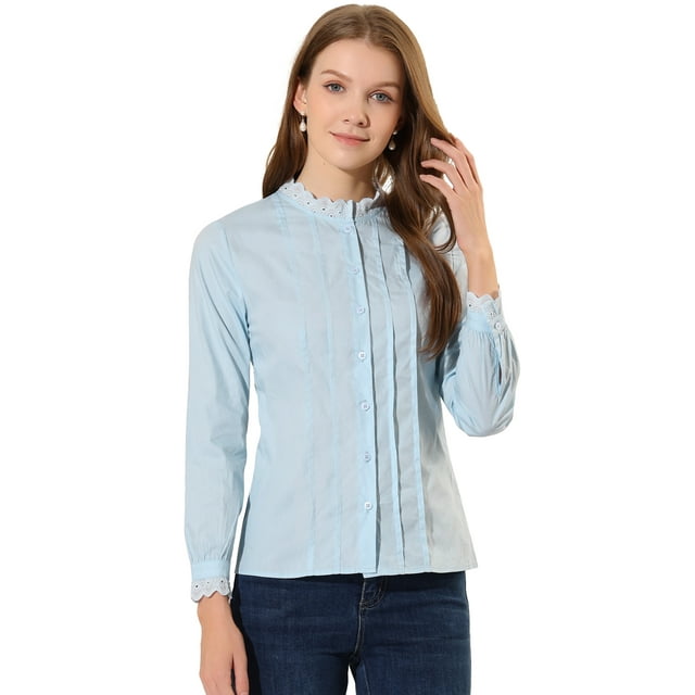 INSPIRE CHIC Women's Lace Mock Neck Long Sleeve Cotton Button-Down Shirt