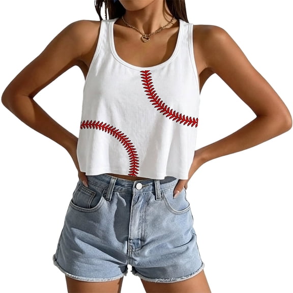 DHFJKG Cropped Tank Top Women Summer Sleeveless Baseball Printed Crew Neck Graphic Tee Casual Daily Wear Soft Tops