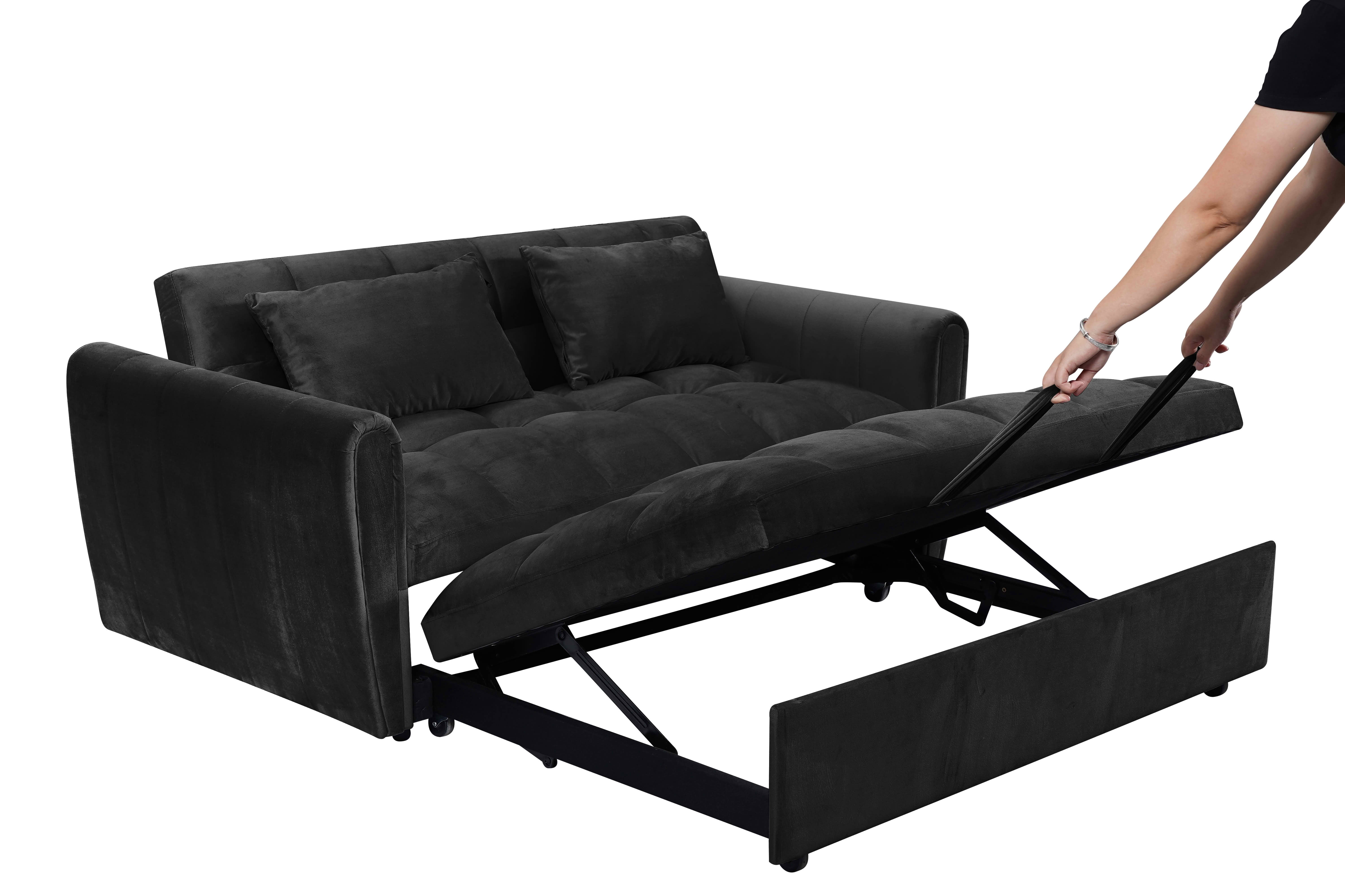 MAYEERTY 65 Inch Black Velvet 3-in-1 Convertible Foldable Sofa Bed, 2-Seat Adjustable Backrest Futon Couch with Throw Pillows