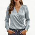 thumbnail image 2 of Zynoxe Long Sleeve Shirts for Women Lightweight Smooth Satin Womens Tops Fashion Versatile Solid Color V Neck Shirt Top Elegant Wrap Front Casual Blouse Business Casual Outfits 2XL, 2 of 10