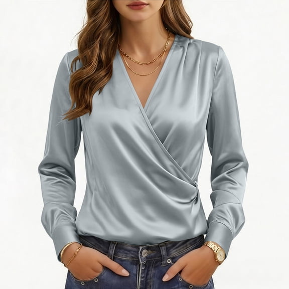 FDGIU Women's Satin Wrap V Neck Blouse, Long Cuff Sleeve Ruched Waist Solid Dressy Tops for Office Business Casual Daily Evening Outfits