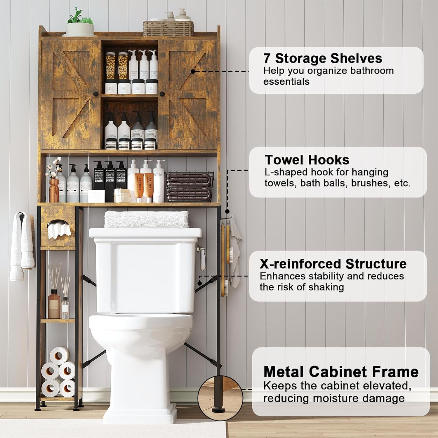 POAO Over the Toilet Storage Cabinet with Metal Frame &7 Storage Shelves,Bathroom Storage Organizer with Adjustable Shelves&Paper Holder,Brown