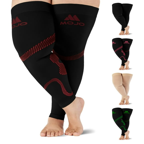 Mojo - Chaussettes de Compression Sans Pieds pour Femmes et Hommes 20-30 mmHg - Manchon de Compression Médical Grande Taille pour Jambe Complète pour Soins Infirmiers, Varices Circulation, Oedème - Noir/rouge, 5X-très Grand - A609