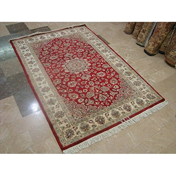 AHMEDANI Exclusive Red Floral Lovely Rare Hand Knotted Rug Wool Silk Carpet (6 x 4)'