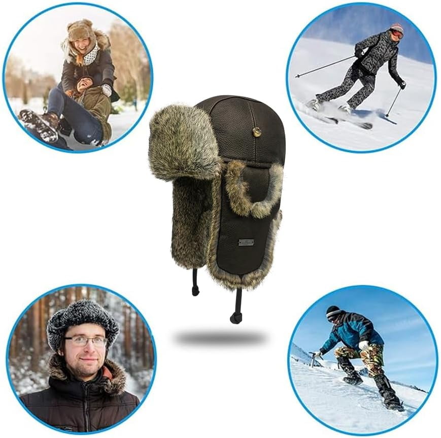 Winter Trapper Hat,Faux Rabbit Fur Knit Sheepskin Russian Trooper Aviator Hats Hunting Ski Ushanka Hat with Ear Flaps