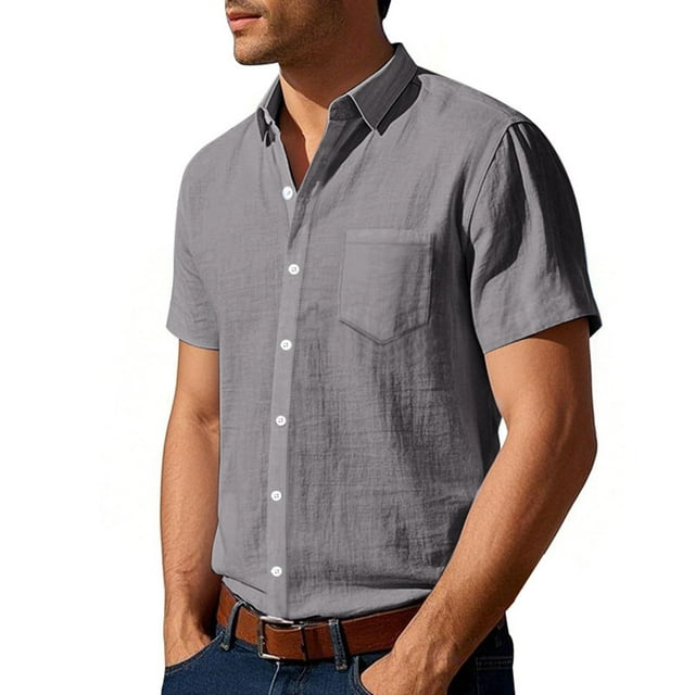 Chemise Homme Couleur Unie Mélange Lin Manches Courtes Boutonnée avec Col Rabattu et Poche pour Tenue d'Été Décontractée