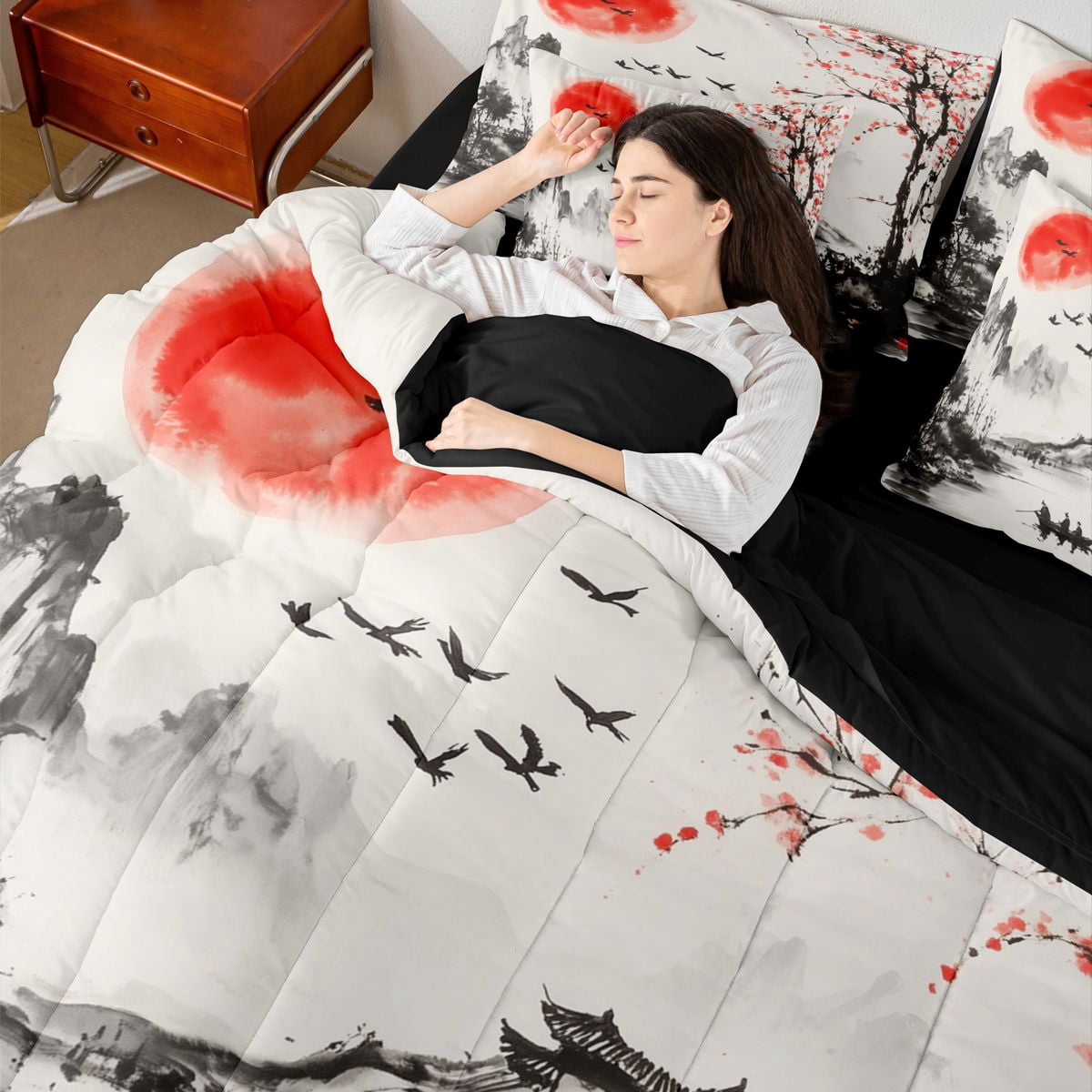 Manfei Ink Red Sun Boat Bedding Comforter Set for Girls Women, Plum Tree Queen Bedding Sets, Black Red White, Black Reversible7 Pieces