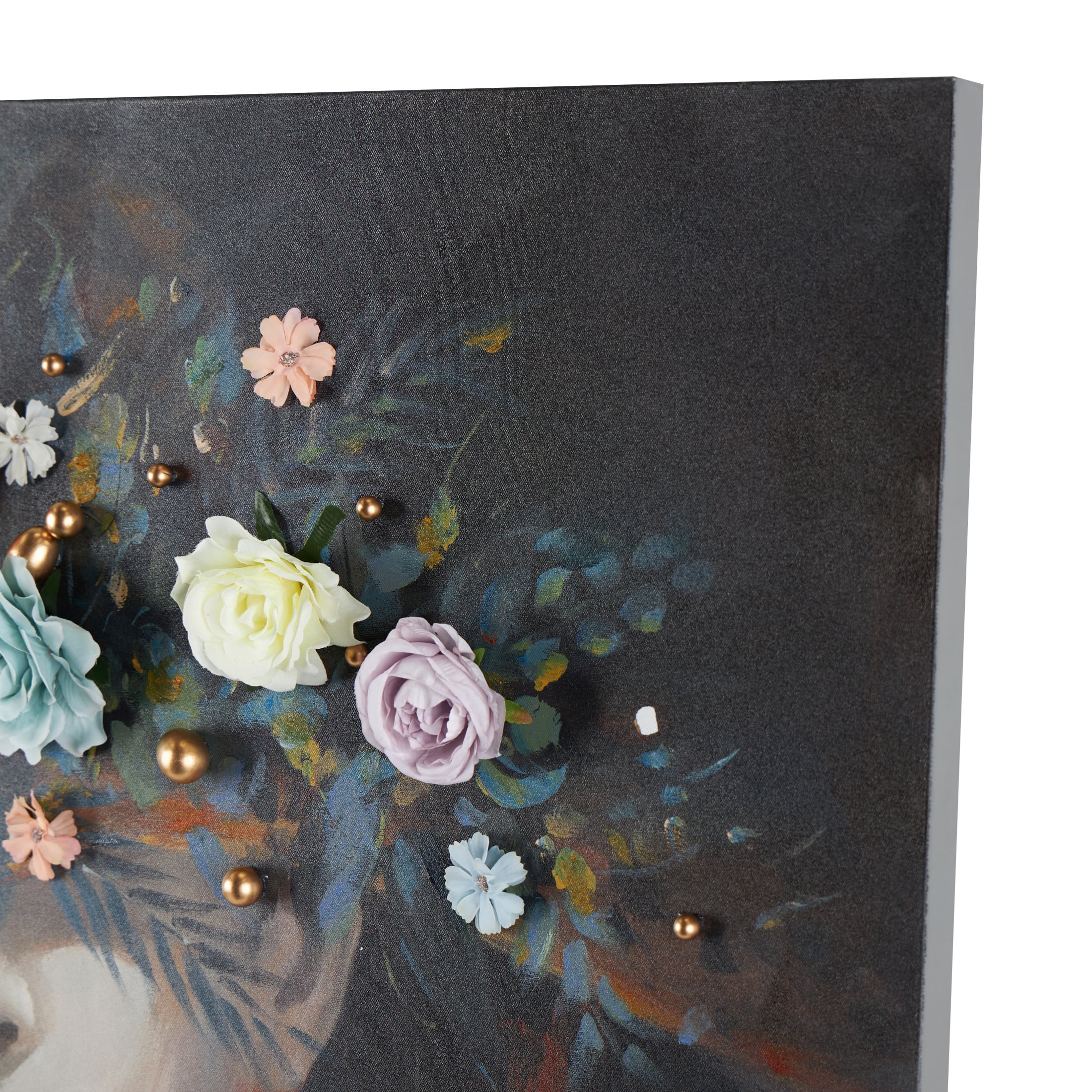 40" x 40" Unframed Woman Wall Art with 3D Multicolor Flowers and Gold Jewels, by DecMode
