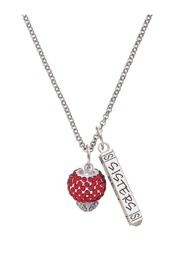 Silvertone Red Crystal Sparkle Spinner Silvertone Sisters Best Friends Forever Bar Charm Necklace, 23"