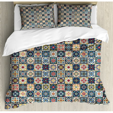 Moroccan Duvet Cover Set Portuguese Azulejo Checkered Squares