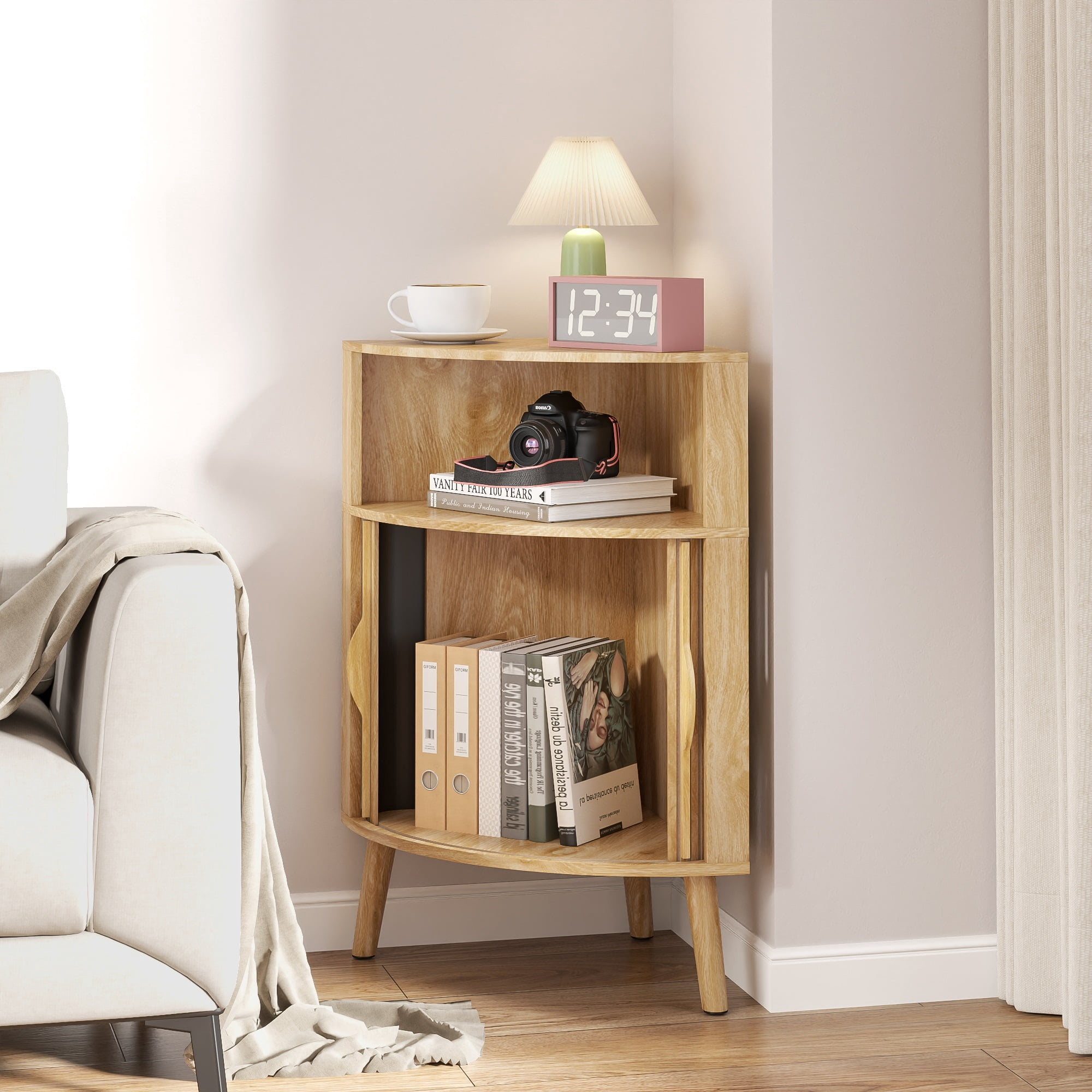 Bathroom Floor Corner Cabinet with Doors, Freestanding Narrow Storage Cabinets for Living Room, Kitchen, Wood Color