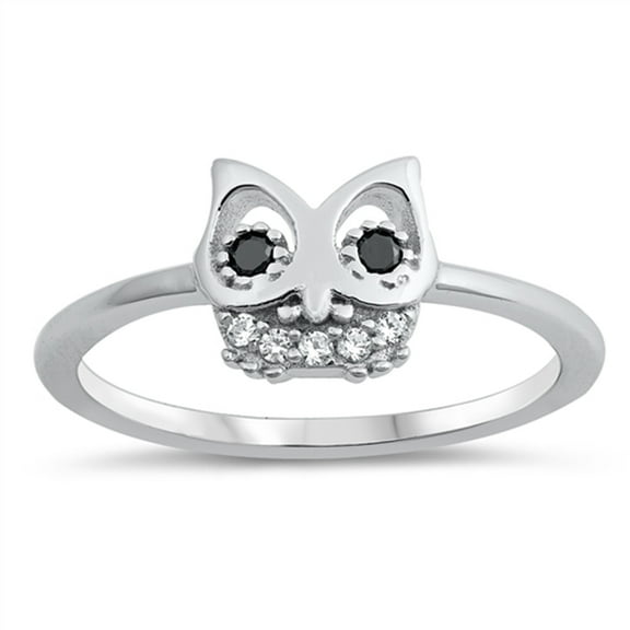 Black Cubic Zirconia Owl Animal Bird Nature Ring .925 Sterling Silver Band Jewelry Female Size 7