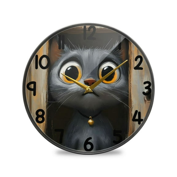 Cartoon Cat with Big Eyes Round Acrylic Wall Clock Silent Battery Operated Home Decor for Living Room Bedroom