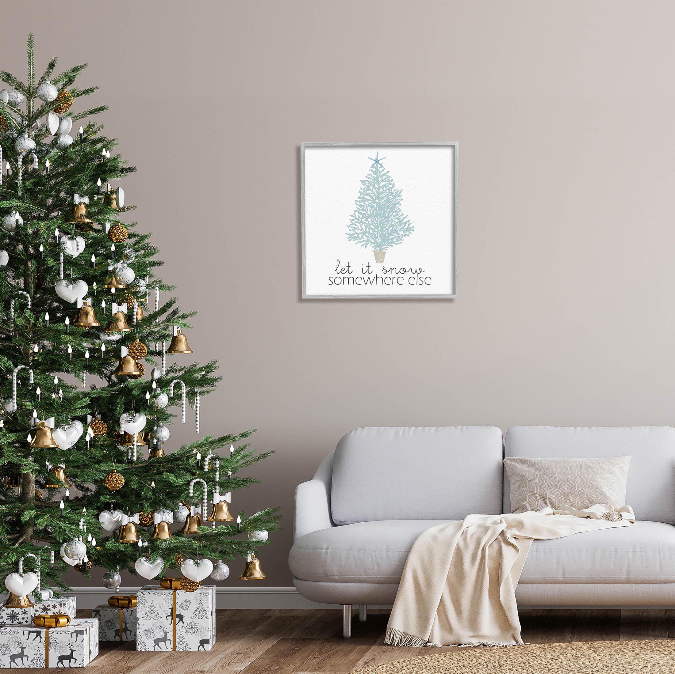 Stupell Industries Snow Somewhere Else Holiday Tree Graphic Art Gray Framed Art Print Wall Art, Design by Kim Allen