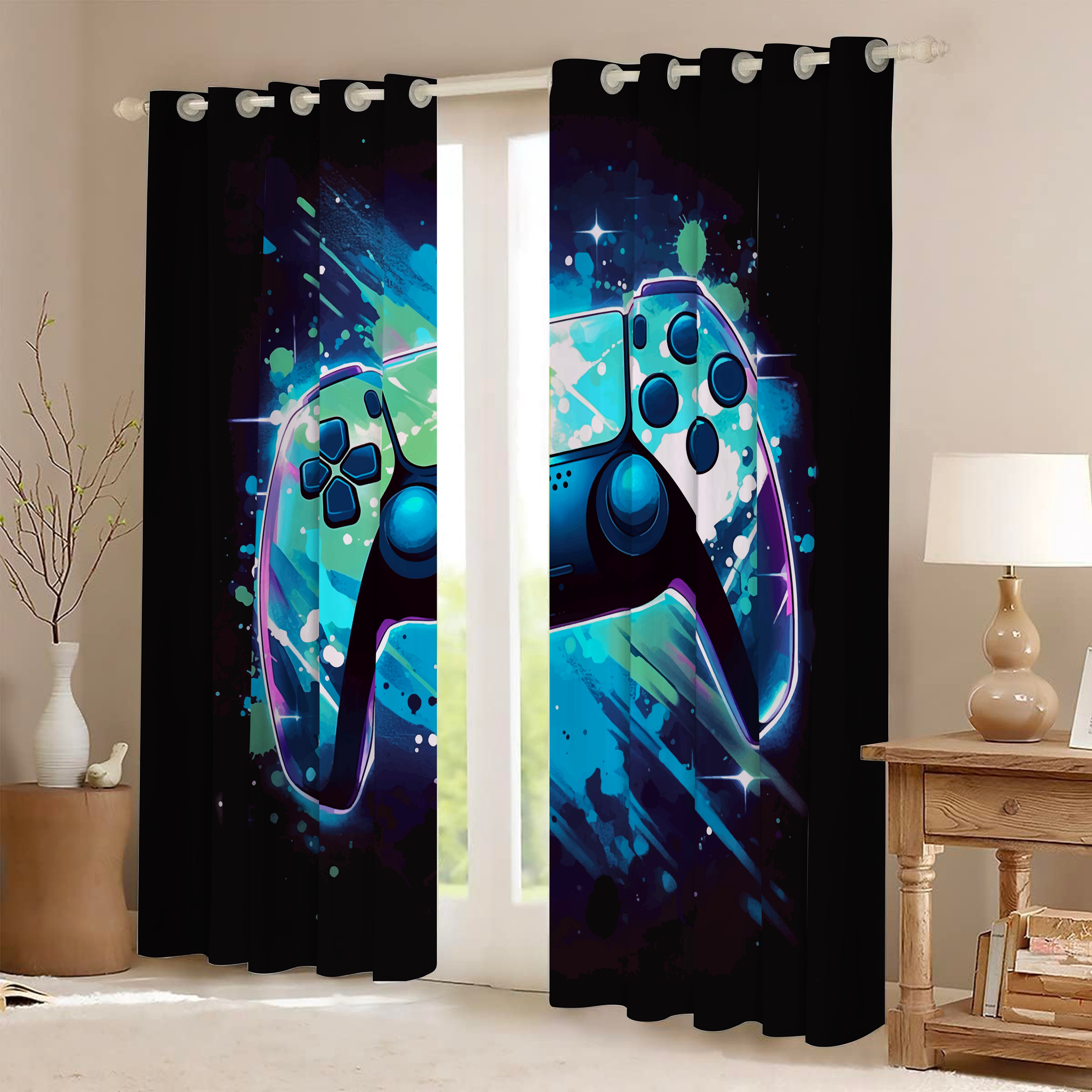 Psoiuetr Gamepad Blackout Curtains Teens Boys Kids Gaming Video Game Room Bedroom Living Room Decor Darkening Window Treatments Drapes Grommet Blue 2 Panel 52" W x 63" L