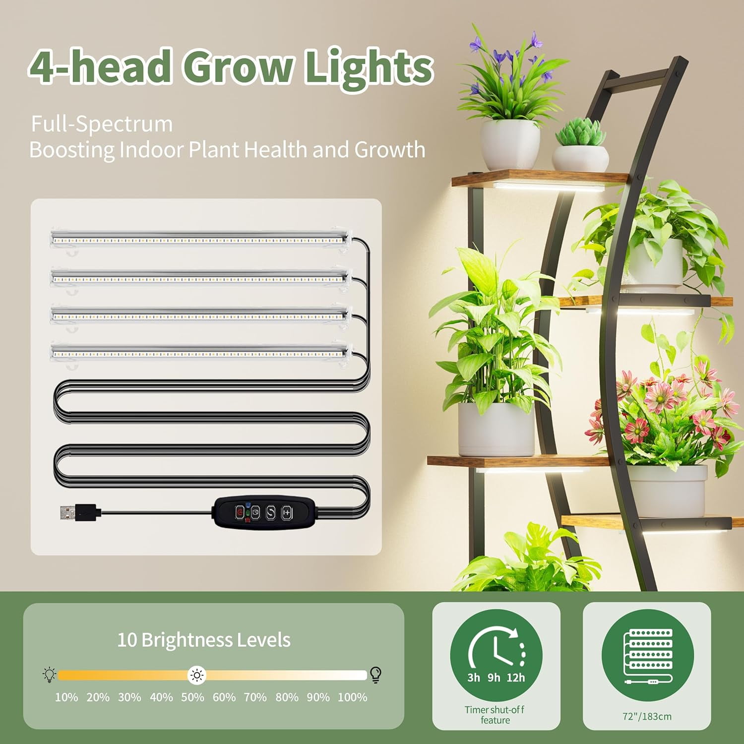 7-Tier 62" Indoor Plant Stand with Grow Lights – Tall Metal & Wooden Corner Shelf, Large S-Shaped Flower Rack for Multiple Plants, Home, Patio, Garden