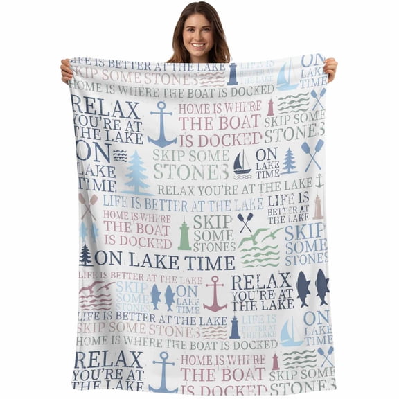 Ocean Nautical Blanket Soft Cozy Warm Twin Blanket for Bed, Plush Fuzzy Flannel Fleece Blankets for Sofa, Rustic Anchors Fish Oars Lighthouses Throw Blankets for Couch, Gifts for Men, 60"x80"
