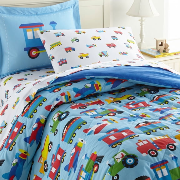 Wildkin Kids 7 Pc Full Cotton Bed in a Bag for Boys & Girls (Trains, Planes & Trucks Blue)