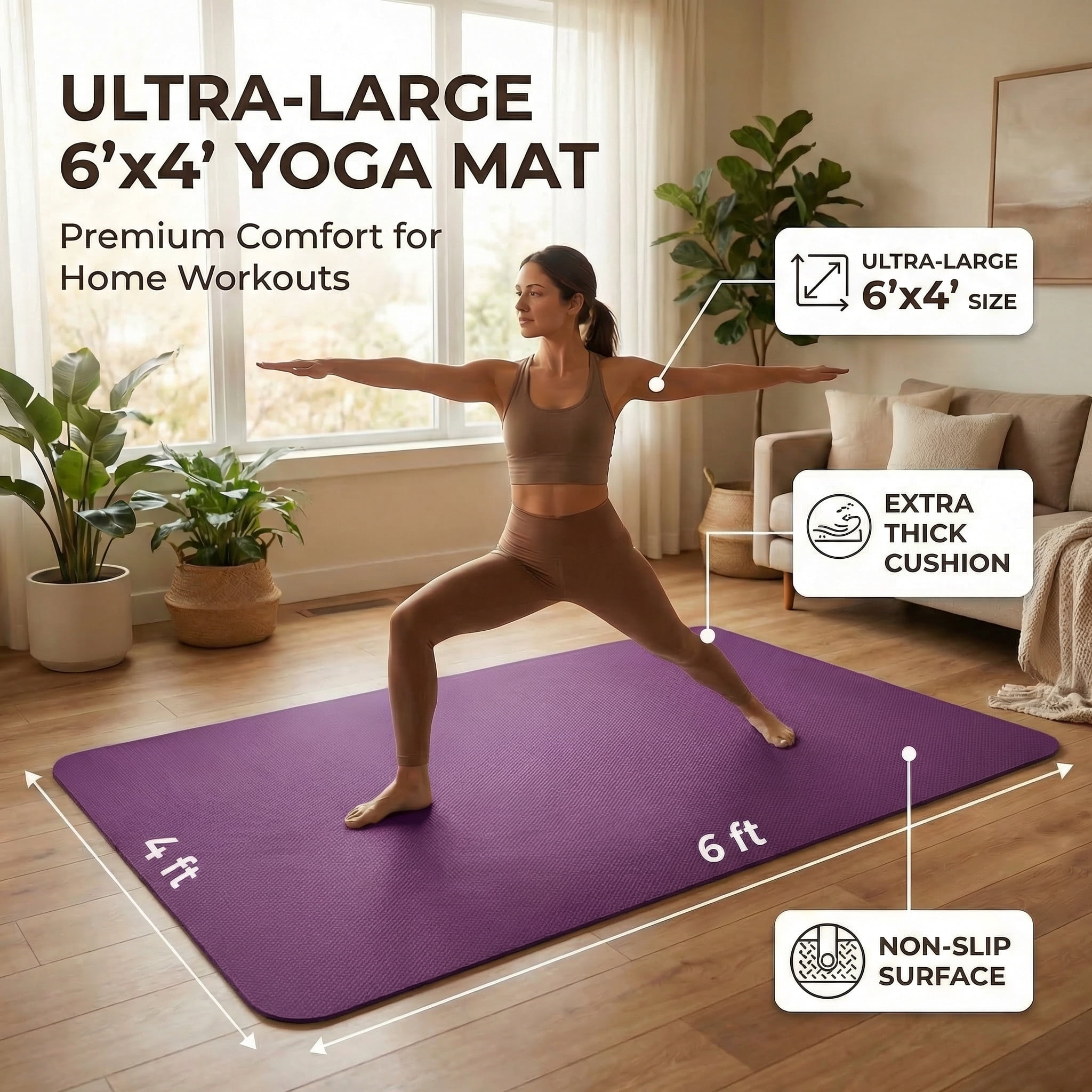 FrenzyBird Large Yoga Mat 6'x4' (72"x48") 183x122cm, 1/4" & 1/3" Thick TPE Non-Slip Extra Wide Exercise Mat, Big Home Workout Mat for Yoga, Pilates, Gym & Floor Workouts for Women & Men（6mm Purple）