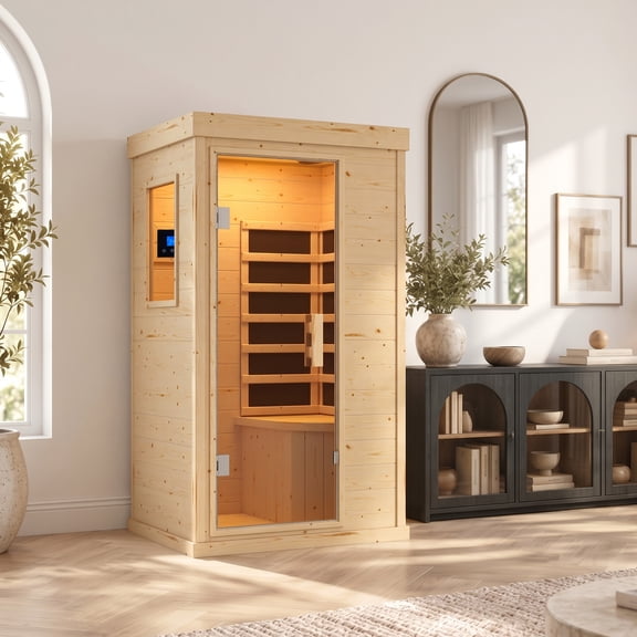 BUPPLEE Mini Infrared Sauna, Compact Home Sauna with Bluetooth, Digital Controls & Fast Heating, Indoor Wooden Sauna