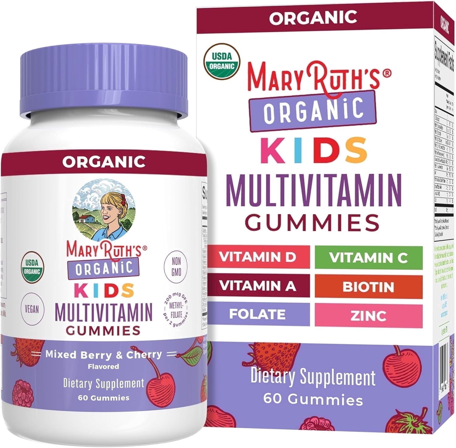 (2 pack) MaryRuth's Kids Multivitamin Gummies Mixed Berry and Cherry Vegan Gluten-Free Dairy-Free Immune Support, Ages 4+, 60 Count