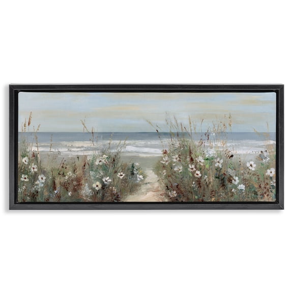 Stupell Industries Wildflower Coastline Beach Path Black Framed Floater Canvas Wall Art, design by Sally Swatland, 11 x 25